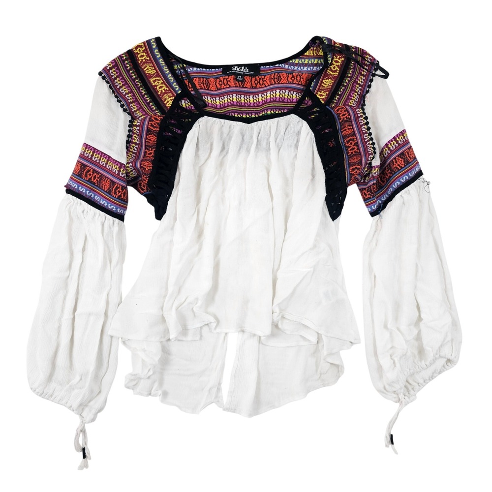 Lulus‎ Womens M White Boho Embroidered Crochet Balloon Sleeve Peasant Blouse Top
